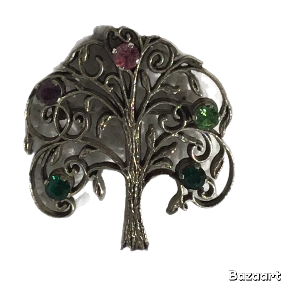 Tree of Life Sterling Silver Brooch with Multicolor Stones